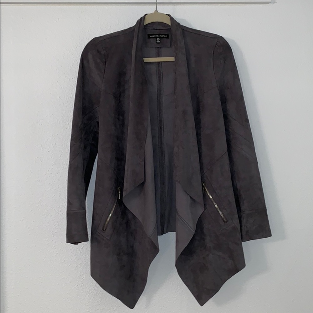 Saks Fifth Avenue Dark Gray Draped Suede-Look Open Front Jacket